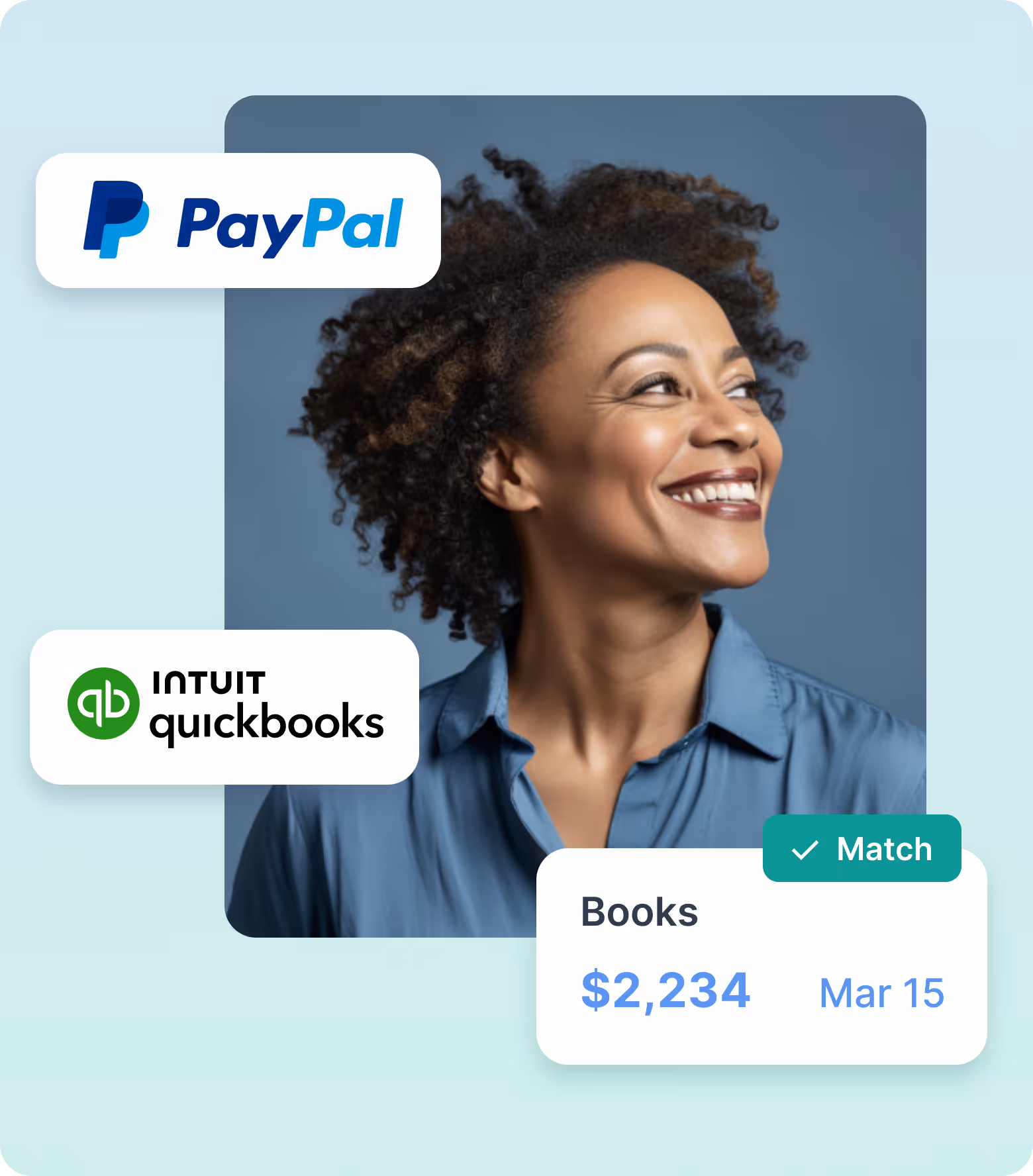 Smiling woman with curly hair next to PayPal and QuickBooks logos and a financial match notification showing $2,234 dated Mar 15.