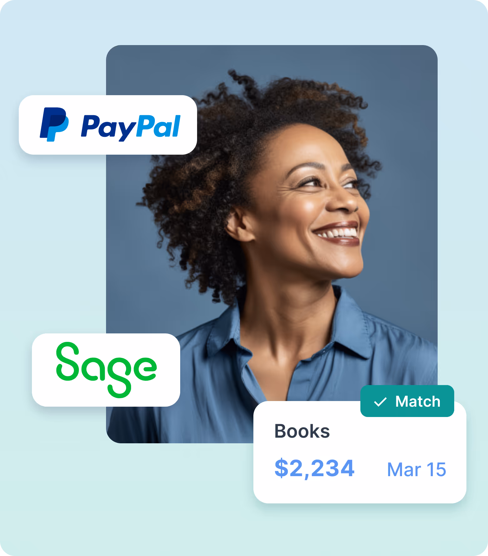 Smiling woman with curly hair in blue shirt, with PayPal and Sage logos and a financial match notification for $2,234 on Mar 15.