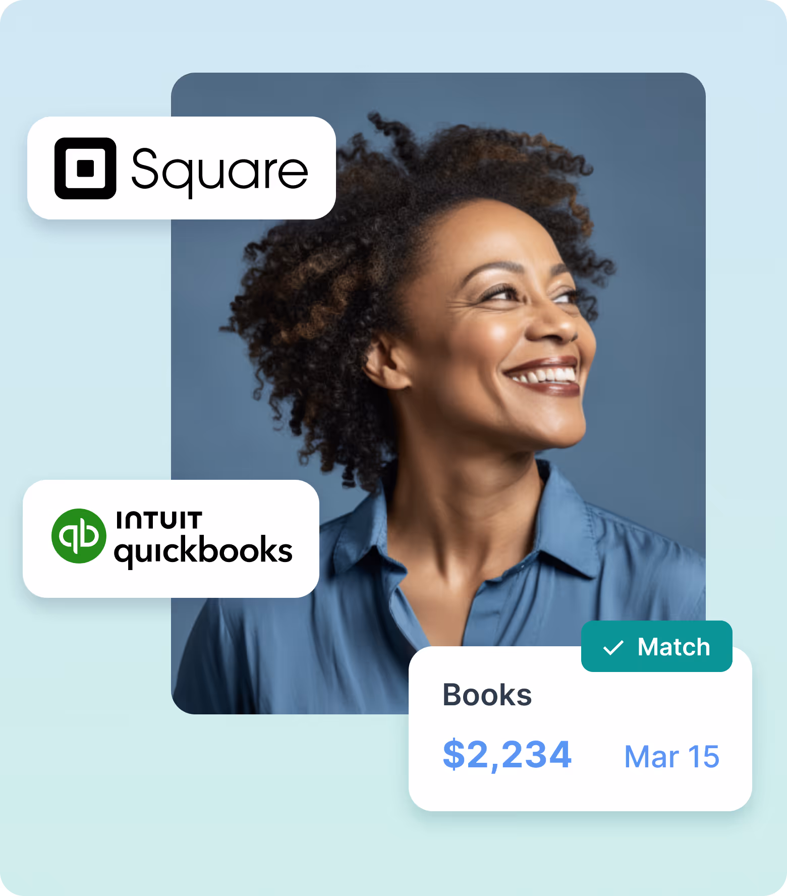 Smiling woman with curly hair wearing a blue shirt, logos for Square and Intuit QuickBooks, and a notification showing a $2,234 book match dated March 15.
