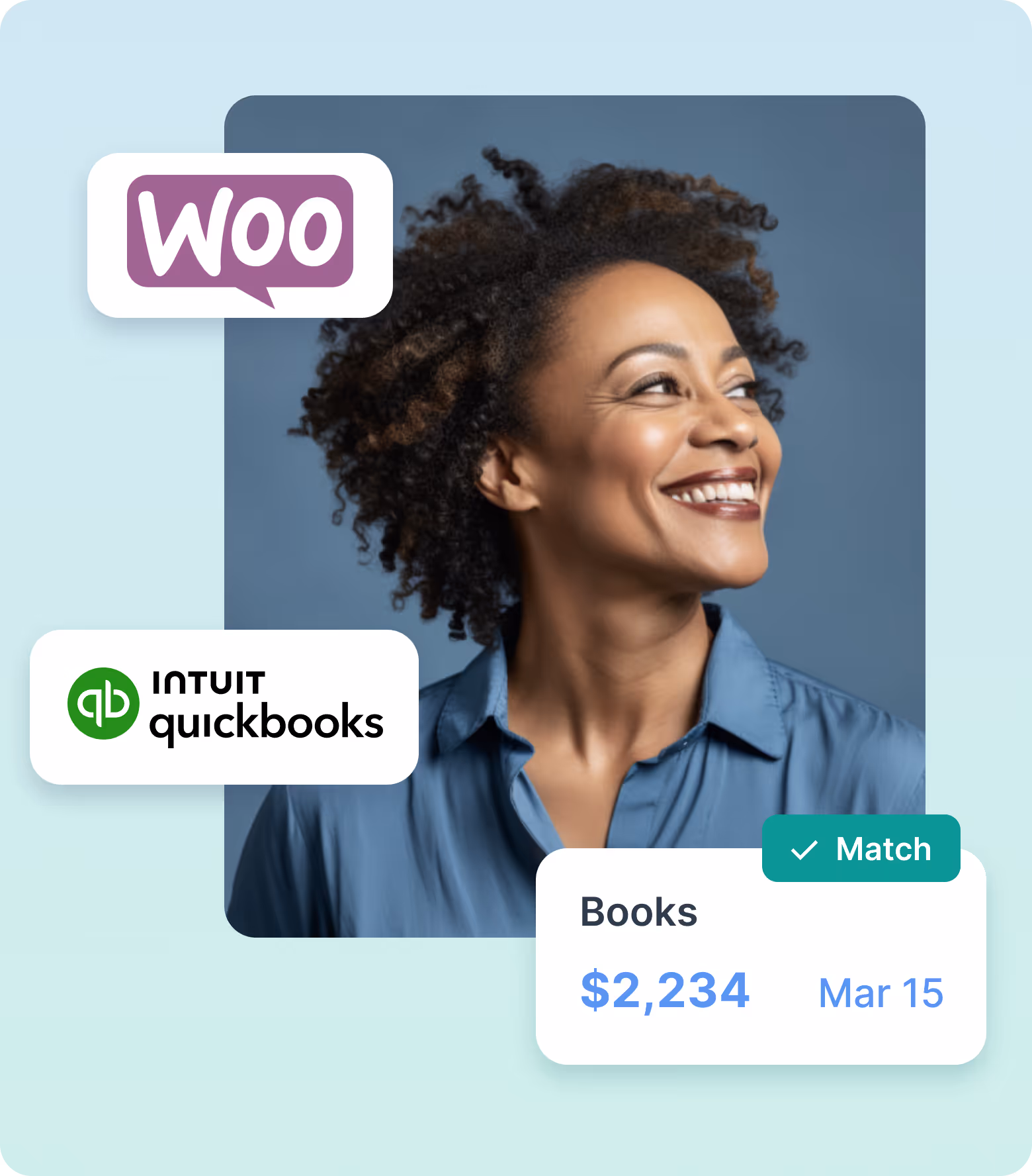 Smiling woman with curly hair in a blue shirt, with WooCommerce and QuickBooks logos and a financial summary showing $2,234 and date March 15 labeled 'Books' with a Match checkmark.