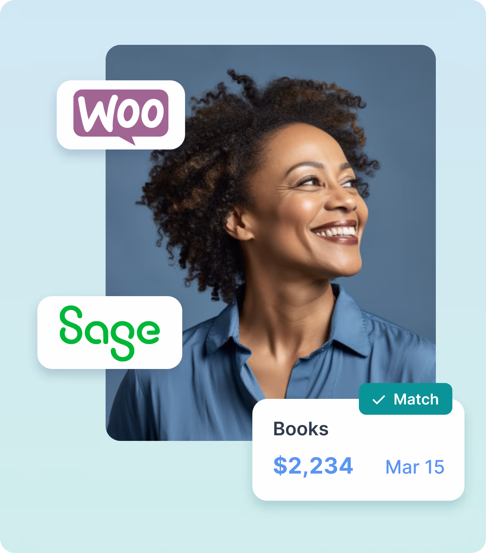 Smiling woman with curly hair looking to the side, surrounded by WooCommerce and Sage logos, and a card showing a $2,234 book transaction dated Mar 15 with a Match checkmark.