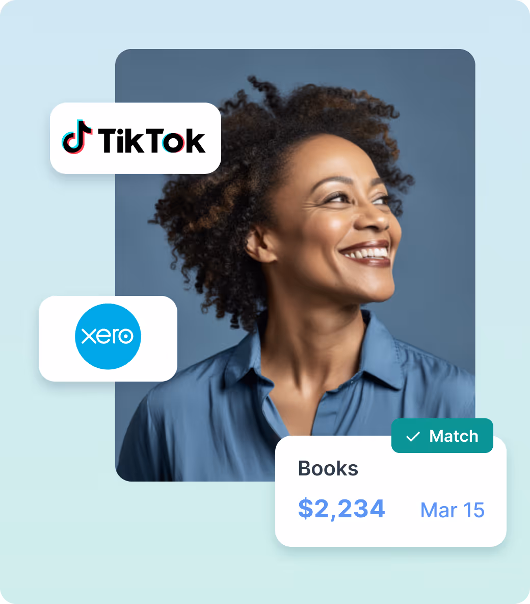 Smiling woman in blue shirt with TikTok and Xero logos, and a financial summary showing $2,234 matched on March 15.