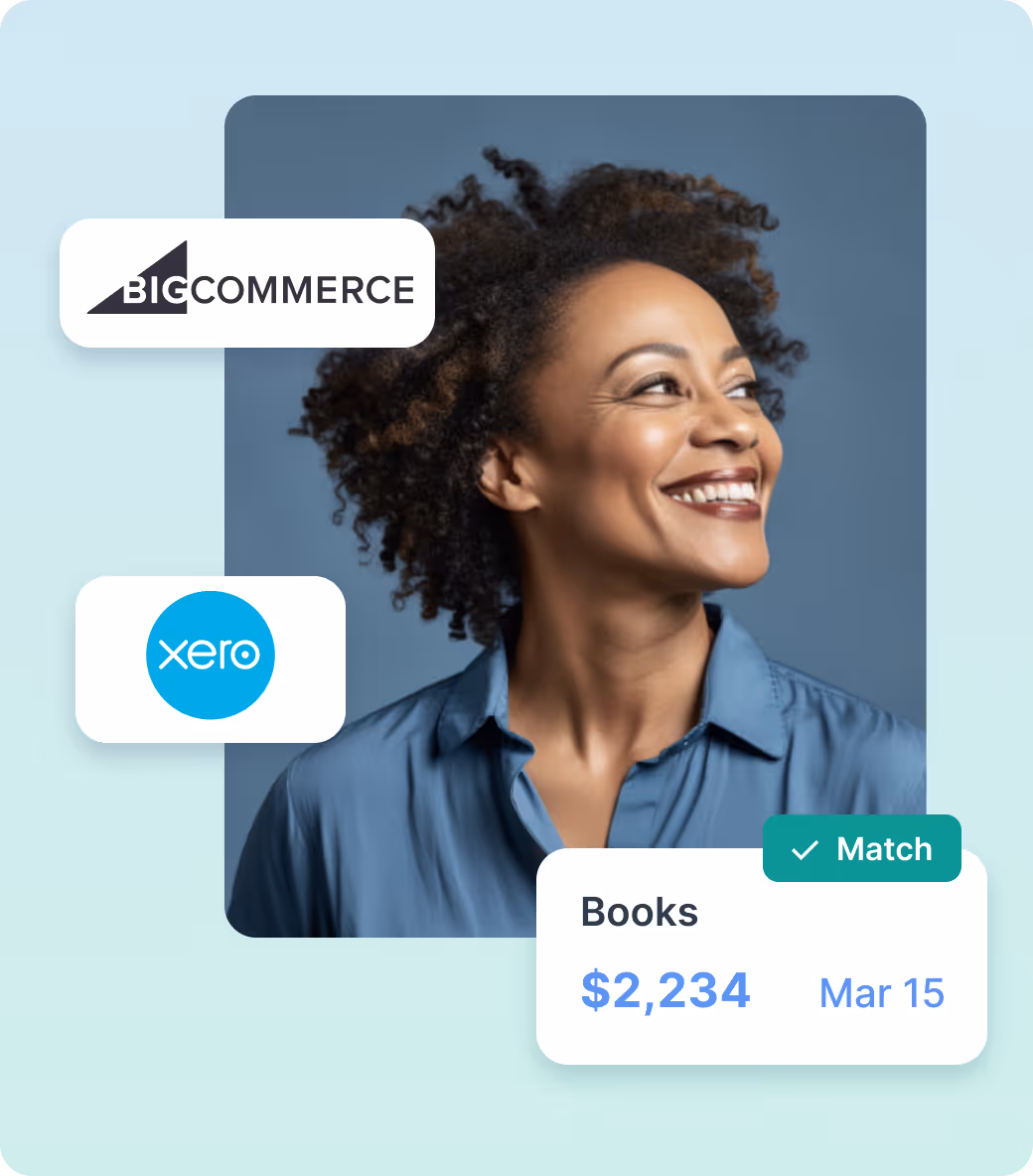 Smiling woman with curly hair wearing a blue shirt, alongside BigCommerce and Xero logos and a financial summary showing $2,234 in books matched on March 15.