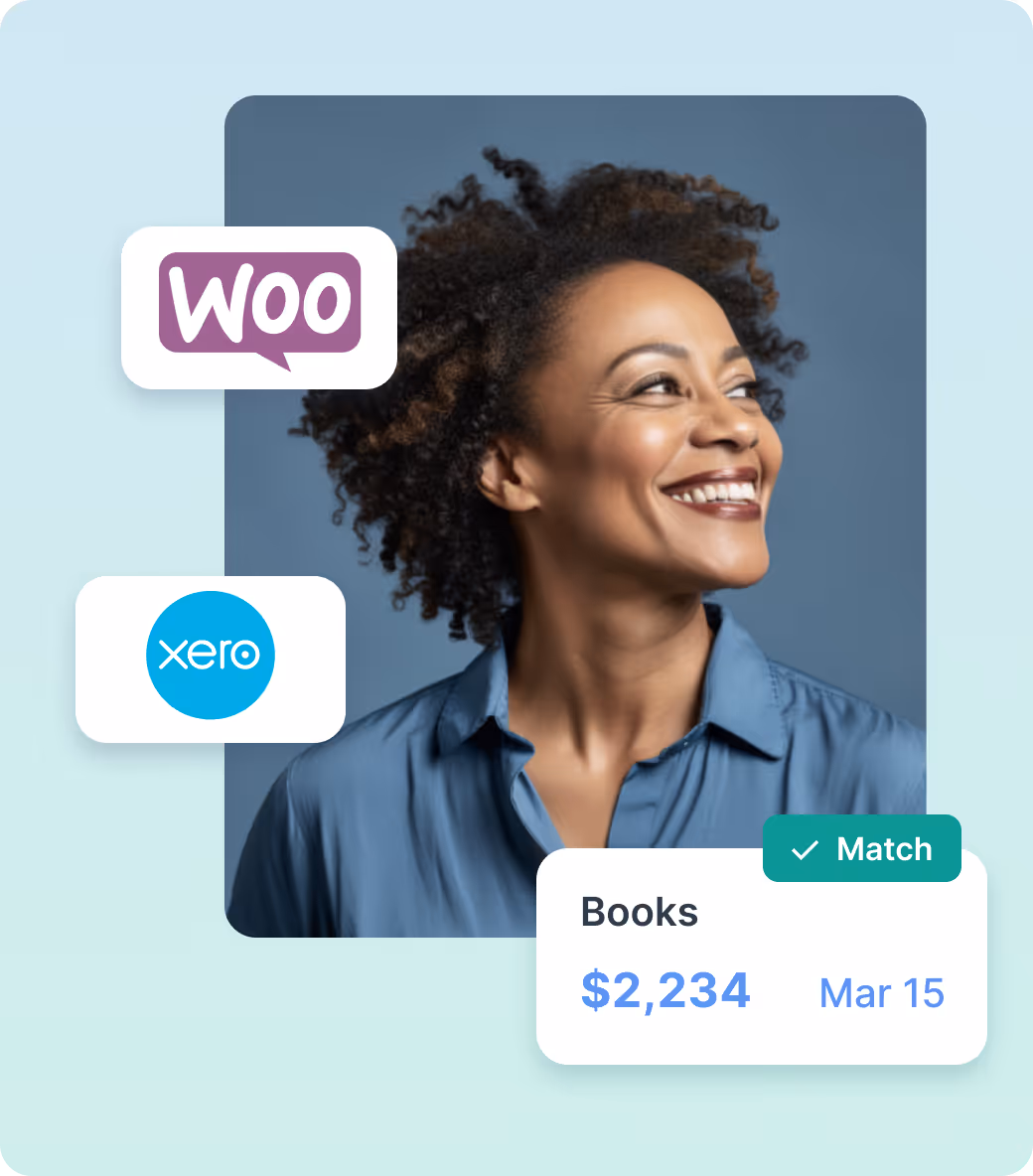 Smiling woman with curly hair in blue shirt, logos of WooCommerce and Xero, and a graphic showing book value $2,234 matched on March 15.