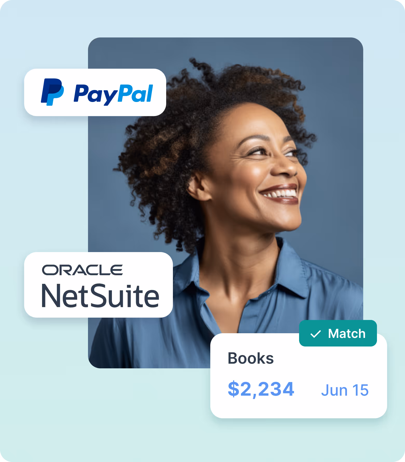 Smiling woman with curly hair in blue shirt, alongside PayPal and Oracle NetSuite logos, and a card showing books for $2,234 dated Jun 15 with a Match checkmark.