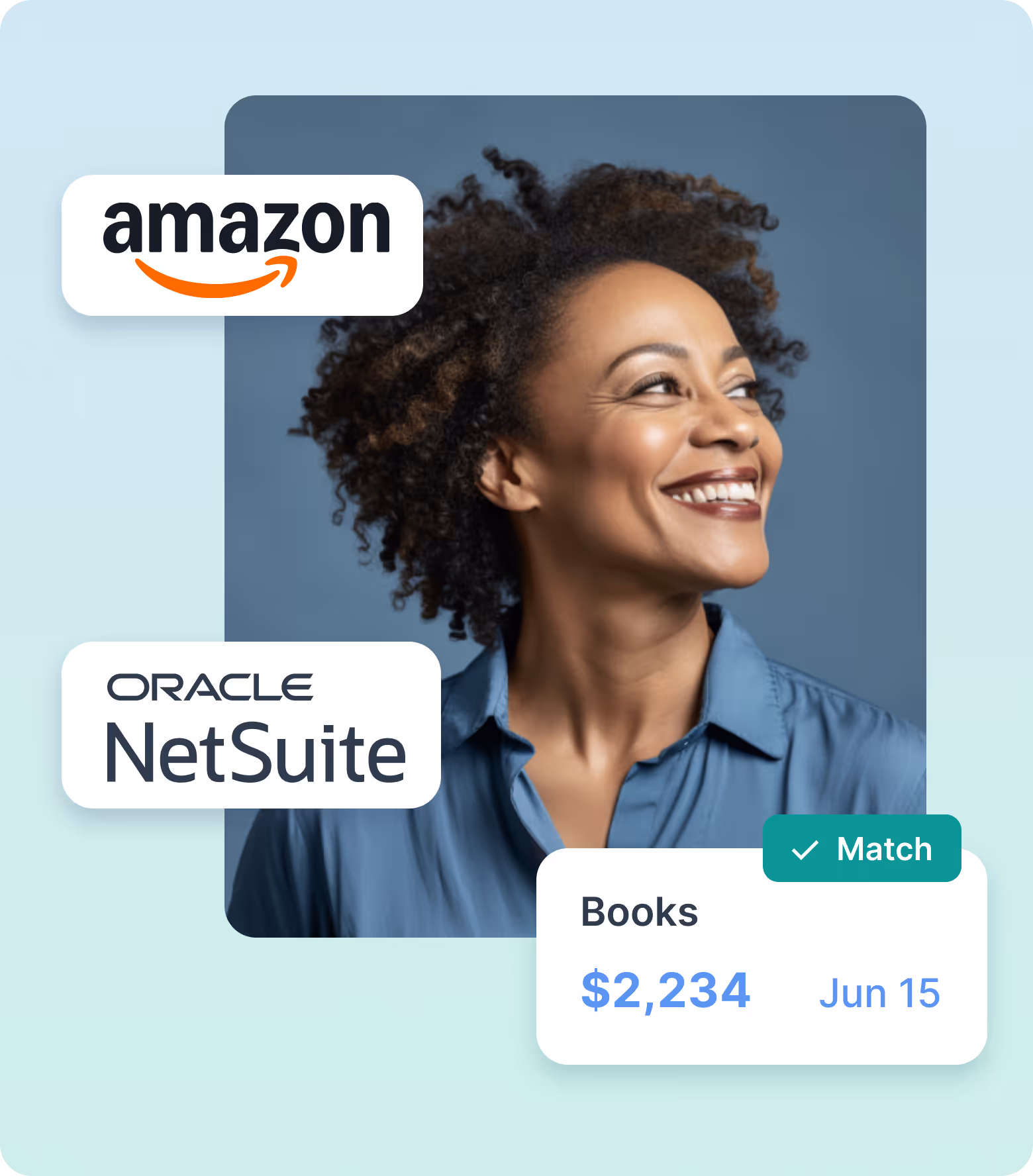 Smiling woman in blue shirt with Amazon and Oracle NetSuite logos and a financial match notification showing $2,234 for books dated Jun 15.
