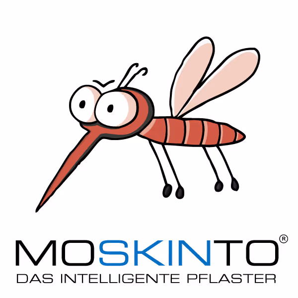 Cartoon mosquito with big eyes and striped body above the text 'MOSKINTO DAS INTELLIGENTE PFLASTER'.