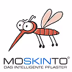 Cartoon mosquito with large eyes and striped body above the text 'MOSKINTO DAS INTELLIGENTE PFLASTER'.