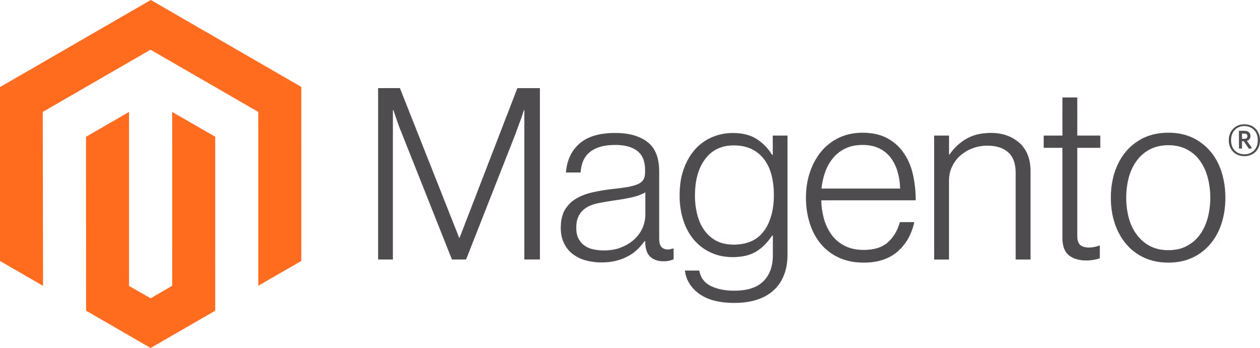 Magento logo featuring an orange hexagon with an abstract letter M and gray text reading Magento.