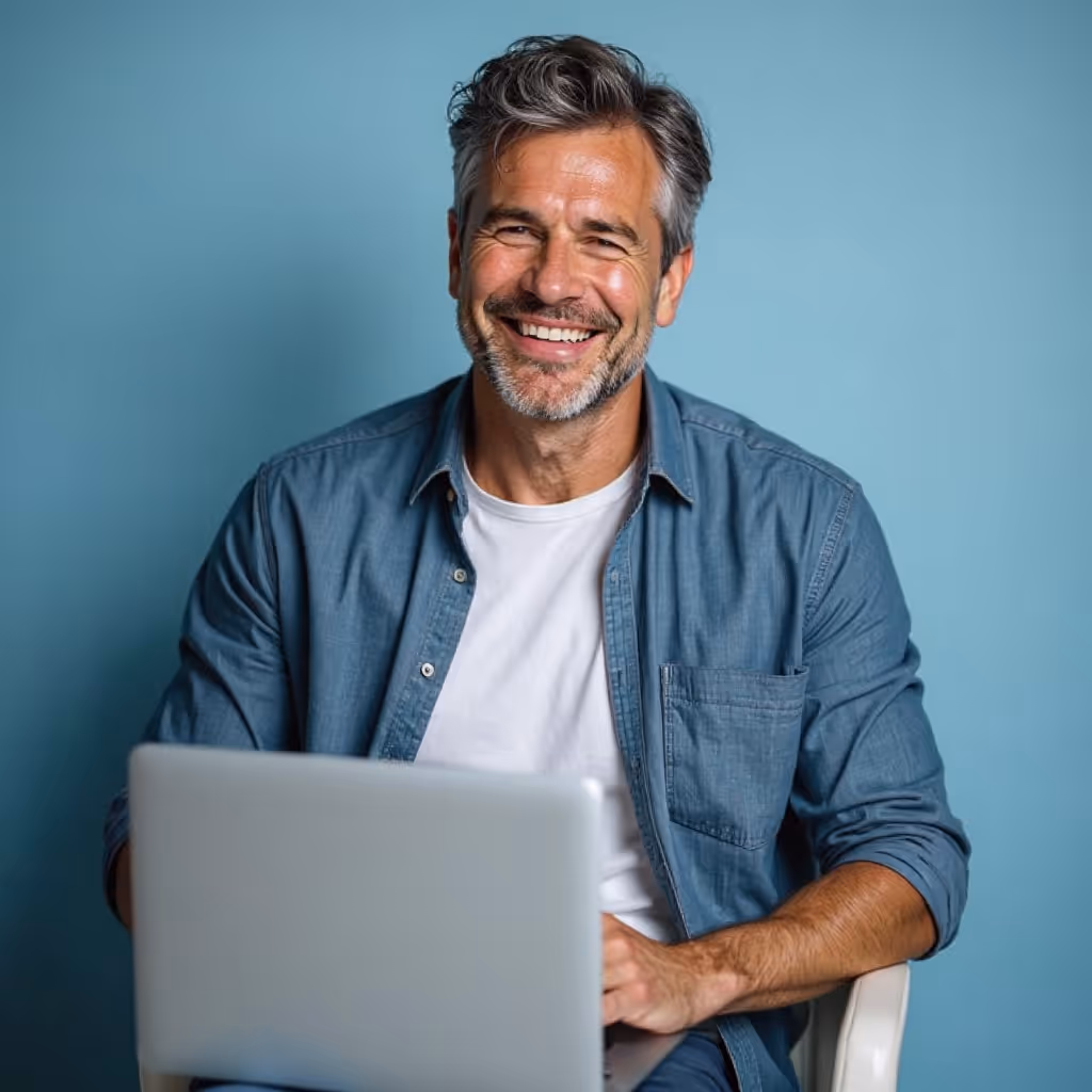 Smiling middle-aged man with gray hair and beard sitting and using a laptop against a blue background.