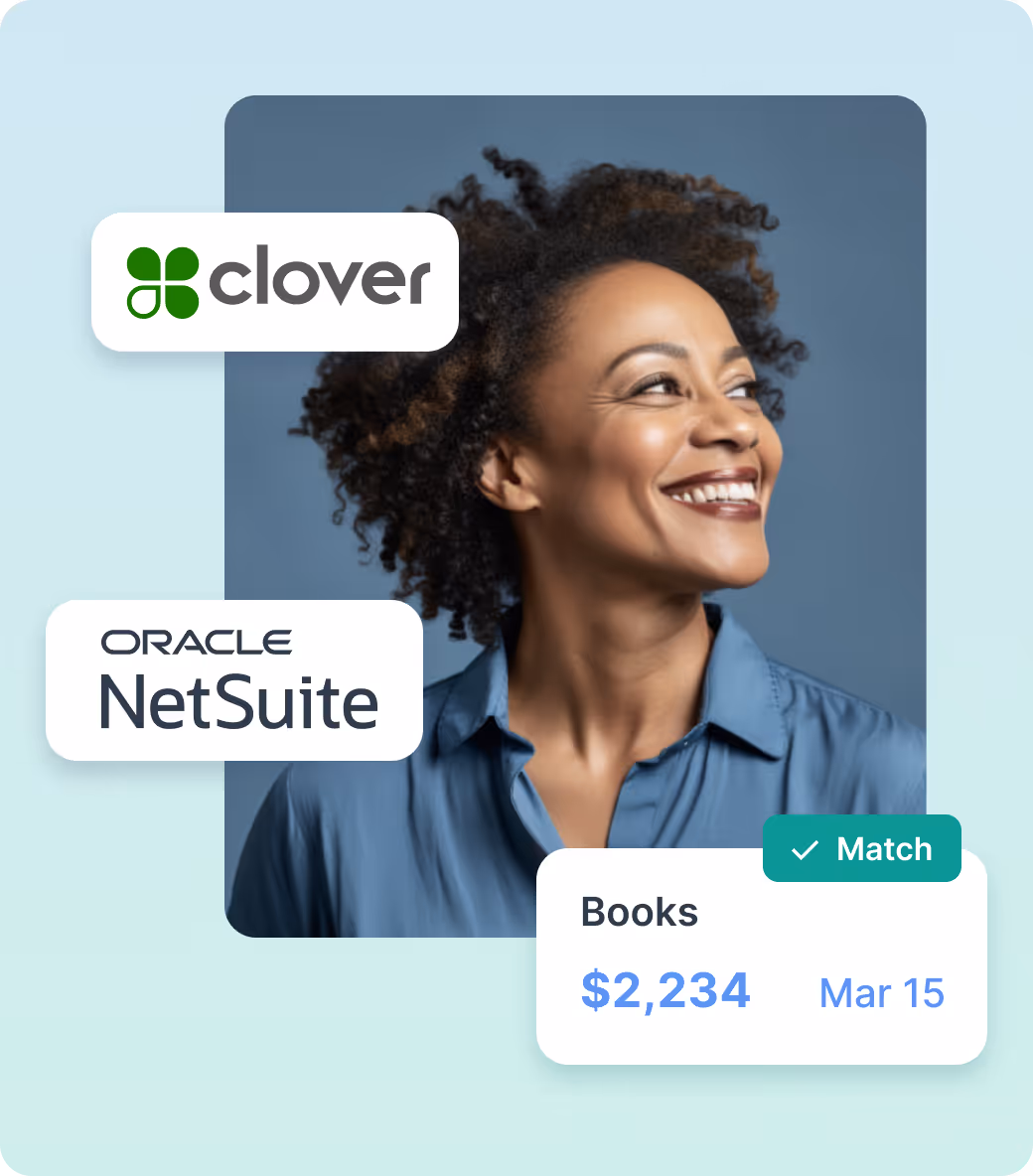 Smiling woman in blue shirt with Clover and Oracle NetSuite logos and a financial record showing $2,234 matched on March 15.