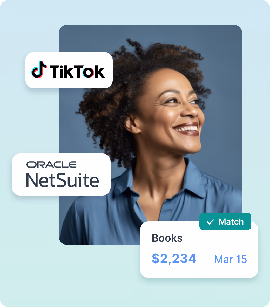 Smiling woman with curly hair looking right, surrounded by TikTok and Oracle NetSuite logos, and a financial summary showing Books: $2,234 matched on March 15.