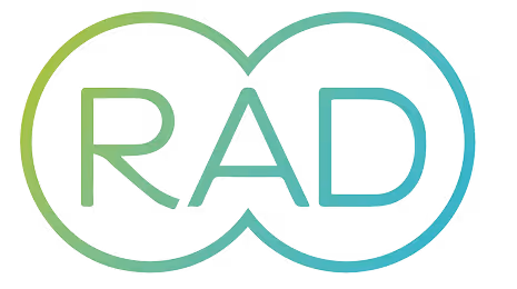 RAD logo with gradient green to blue letters inside connected circular shapes.