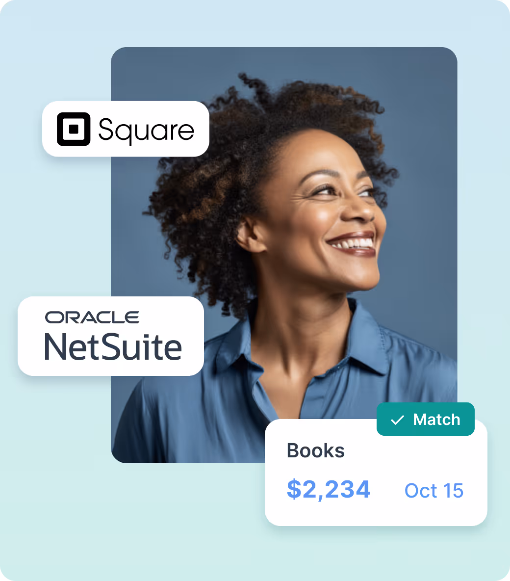 Smiling woman with curly hair against blue background surrounded by Square and Oracle NetSuite logos, and a financial card showing Books amount $2,234 dated Oct 15 with a Match checkmark.