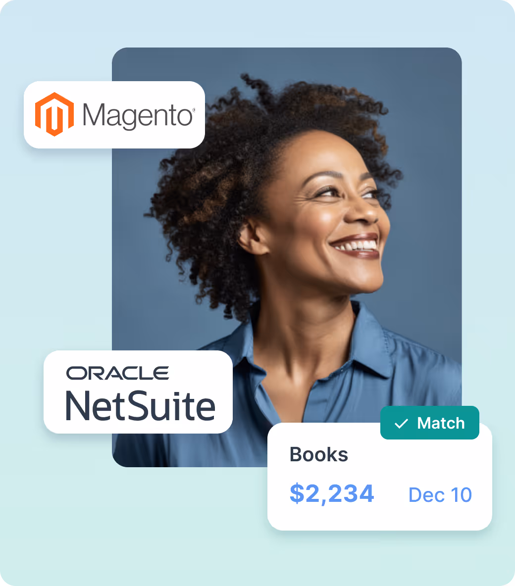 Smiling woman with curly hair looking to the side, surrounded by Magento and Oracle NetSuite logos and a financial match notification showing $2,234 for books dated Dec 10.