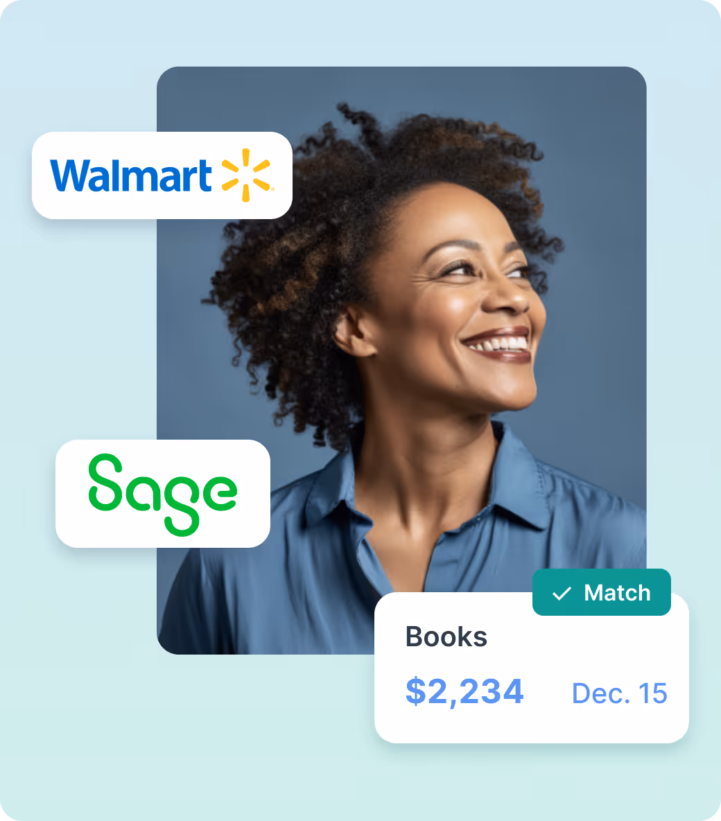 Smiling woman with curly hair wearing a blue shirt, with Walmart and Sage logos and a books payment card showing $2,234 and Dec. 15 date.