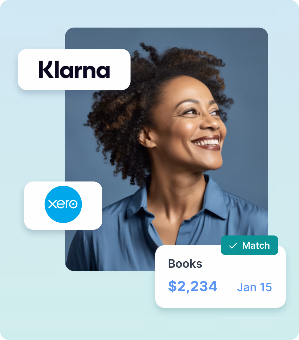 Smiling woman with curly hair wearing a blue shirt, surrounded by Klarna and Xero logos and a financial summary showing Books $2,234 matched on Jan 15.