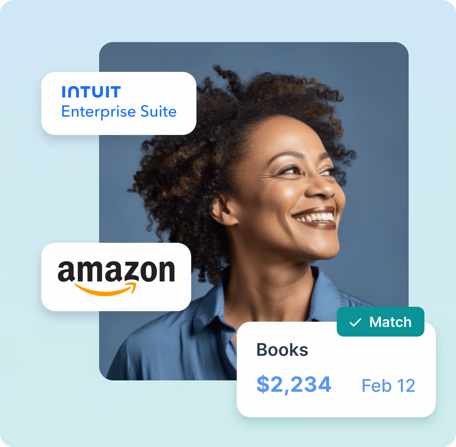 Smiling woman with curly hair in a blue shirt, alongside logos for Intuit Enterprise Suite and Amazon, and a financial summary showing Books $2,234 dated Feb 12 marked Match.