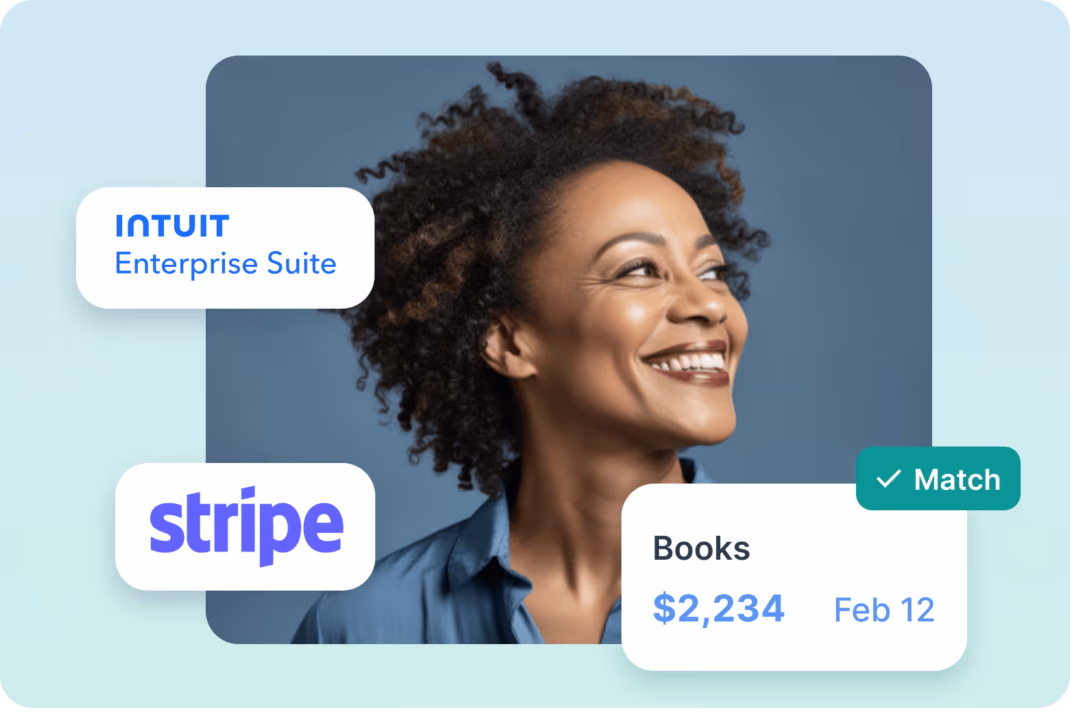 Smiling woman with curly hair looking to the side, with Intuit Enterprise Suite, Stripe logos, and a label showing Books $2,234 matched on Feb 12.