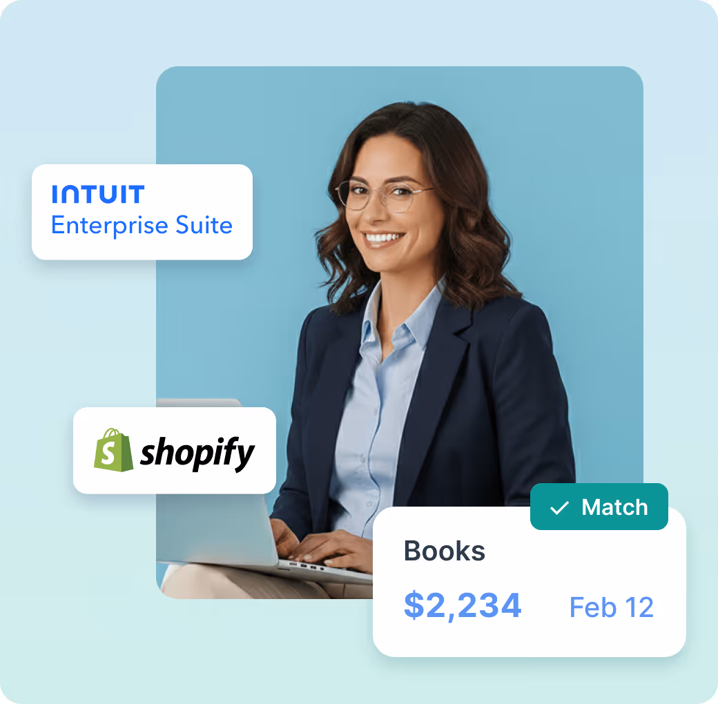 Smiling woman in business attire using a laptop with overlays showing Intuit Enterprise Suite, Shopify logo, and a financial match record for books costing $2,234 dated Feb 12.
