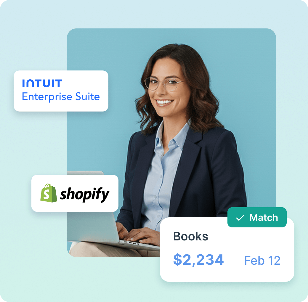 Smiling woman in business attire using a laptop with overlays showing Intuit Enterprise Suite, Shopify logo, and a financial match record for books costing $2,234 dated Feb 12.