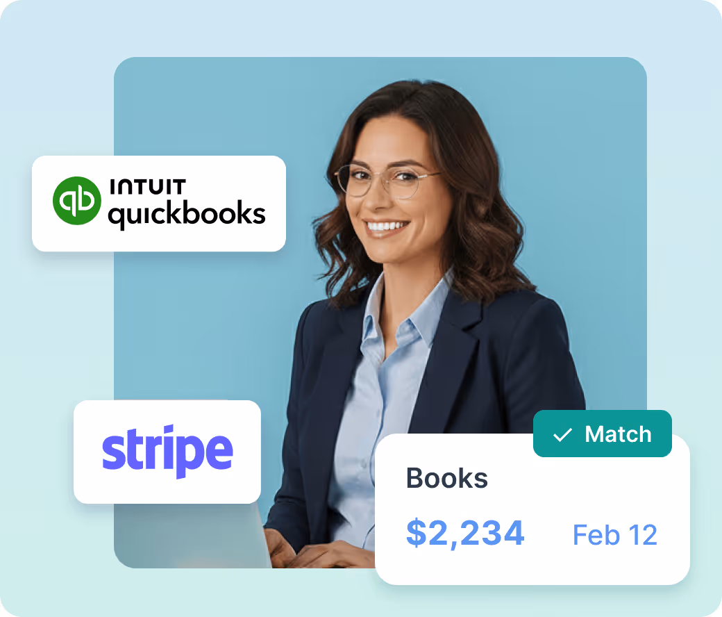 Smiling woman in business attire with transparent glasses sitting with a laptop, surrounded by QuickBooks and Stripe logos and a transaction summary showing $2,234 on Feb 12 marked as Match.