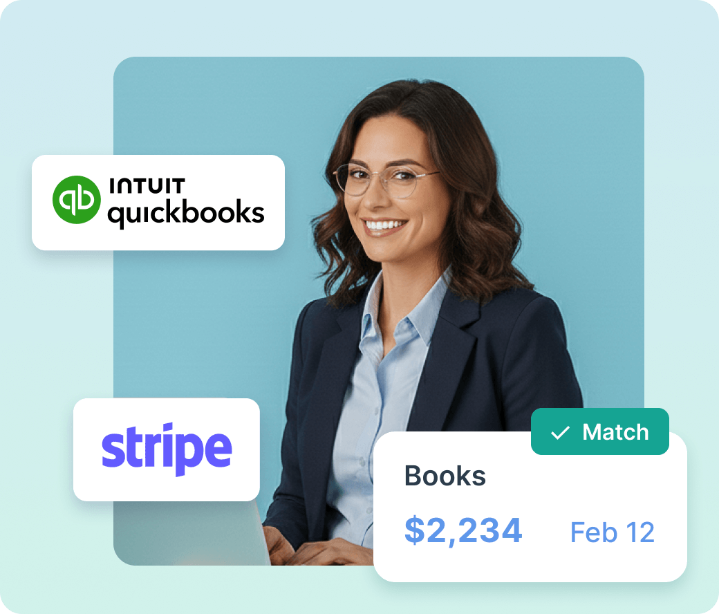 Smiling woman in business attire with transparent glasses sitting with a laptop, surrounded by QuickBooks and Stripe logos and a transaction summary showing $2,234 on Feb 12 marked as Match.