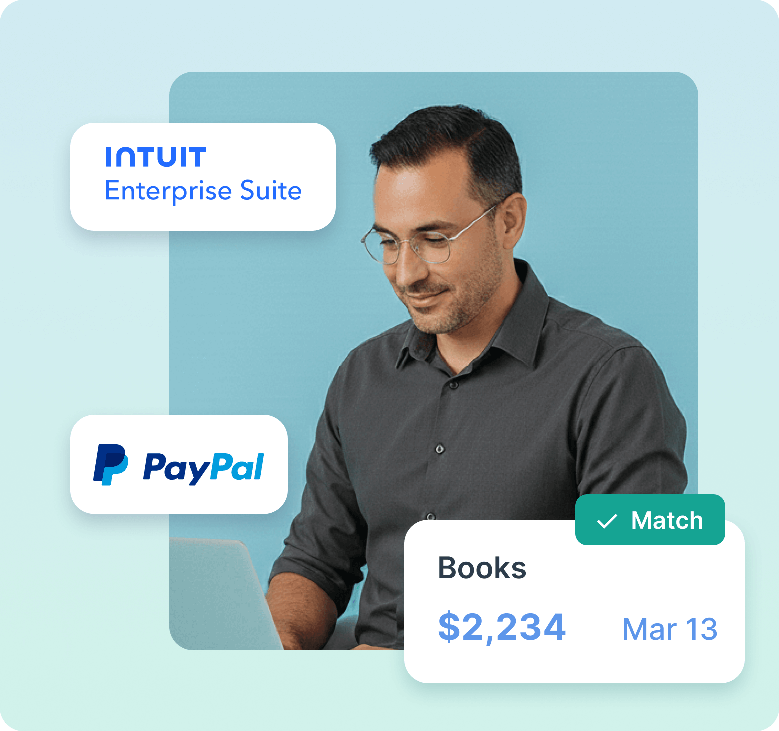 Man with glasses working on a laptop, with labels for Intuit Enterprise Suite and PayPal, and a matched books transaction of $2,234 dated Mar 13.