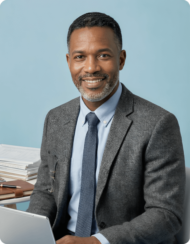 Smiling man in a grey suit jacket and blue tie sitting with a laptop and stack of papers against a light blue background.