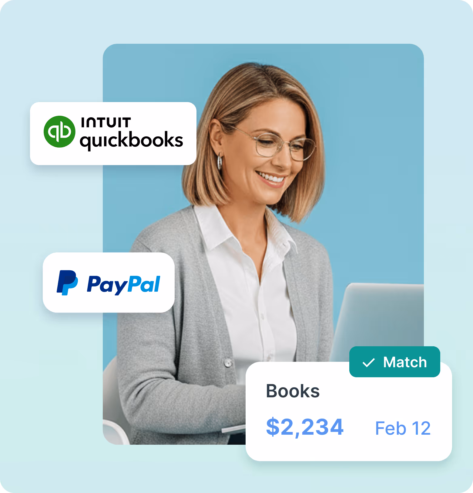 Smiling woman in glasses using a laptop with Intuit QuickBooks and PayPal logos and a financial summary showing $2,234 on Feb 12 with a Match checkmark.