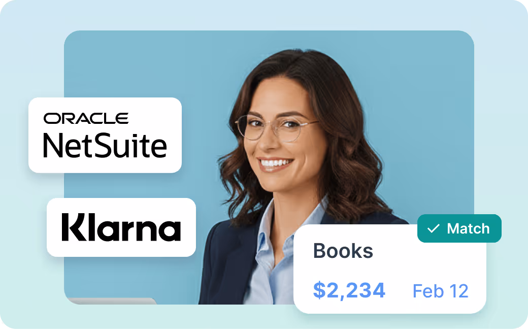 Smiling woman with curly hair wearing a blue shirt, surrounded by Stripe and Oracle NetSuite logos, and a card showing a $2,234 book transaction matched on June 15.