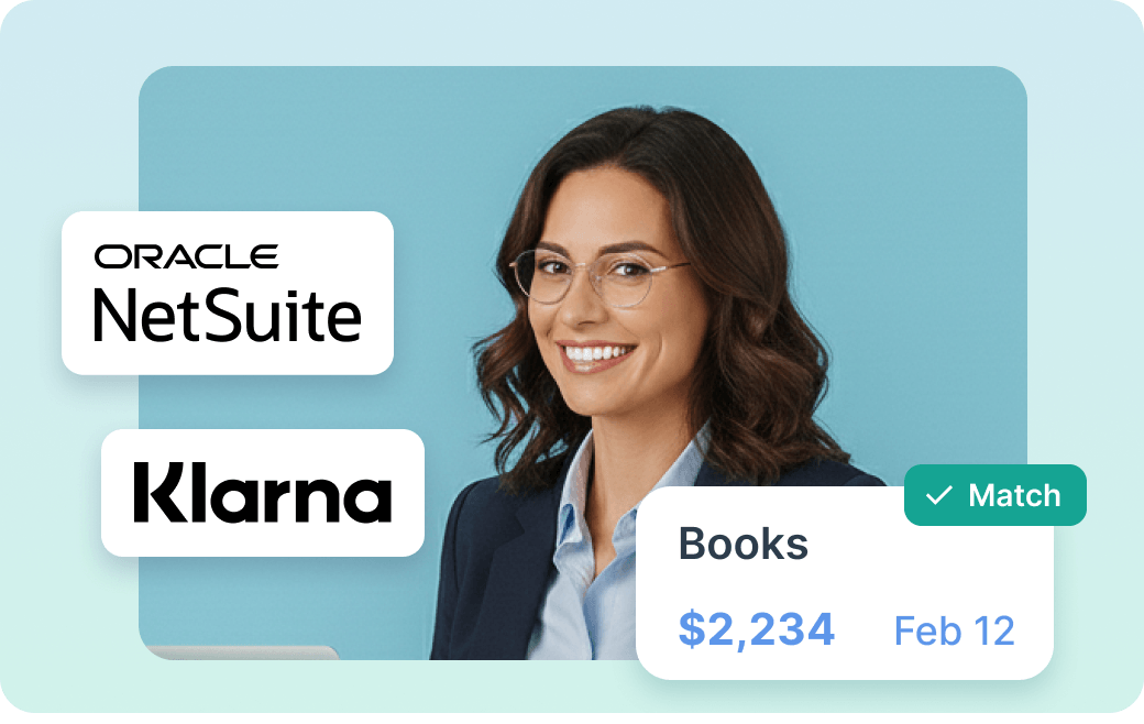 Smiling woman with curly hair wearing a blue shirt, surrounded by Stripe and Oracle NetSuite logos, and a card showing a $2,234 book transaction matched on June 15.