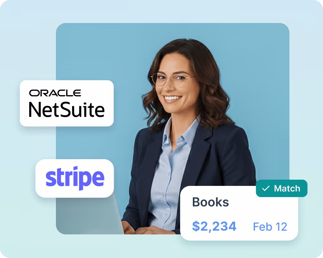 Smiling woman with curly hair wearing a blue shirt, surrounded by Stripe and Oracle NetSuite logos, and a card showing a $2,234 book transaction matched on June 15.