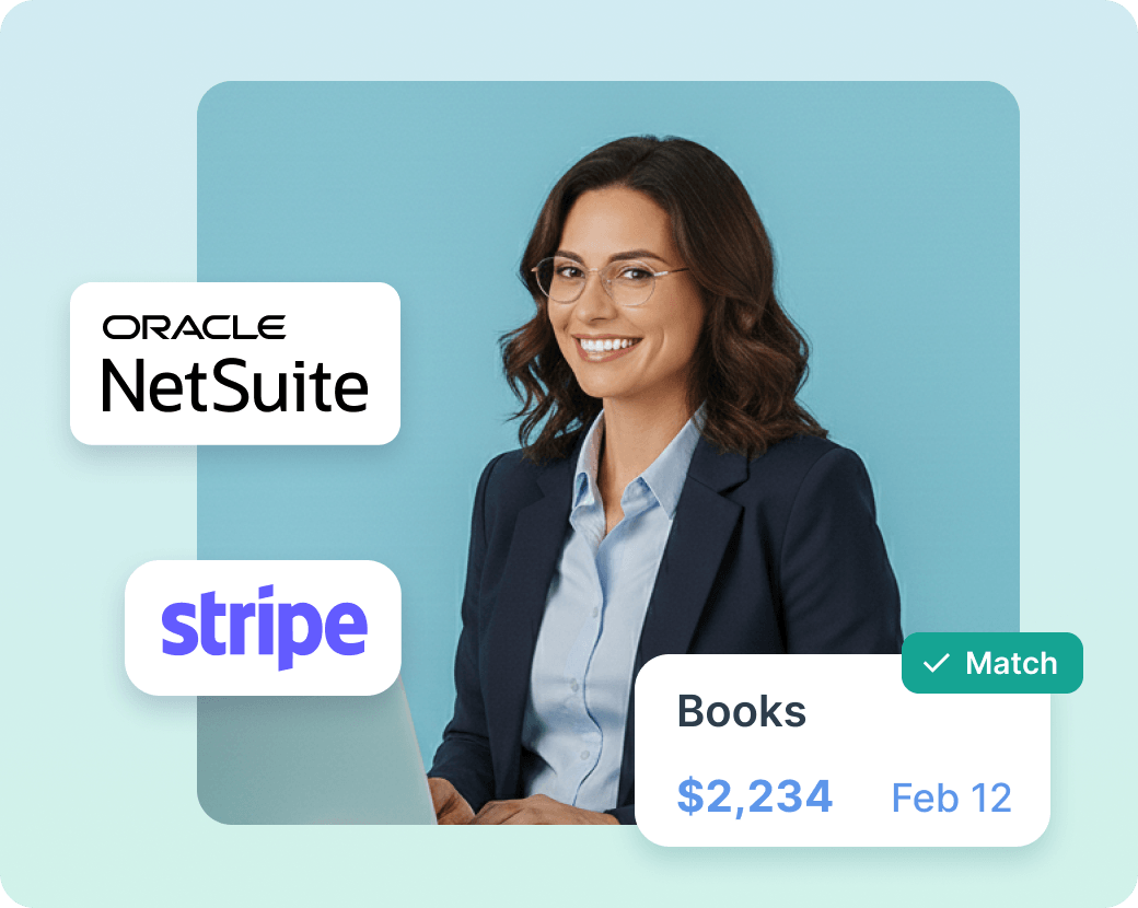 Smiling woman with curly hair wearing a blue shirt, surrounded by Stripe and Oracle NetSuite logos, and a card showing a $2,234 book transaction matched on June 15.