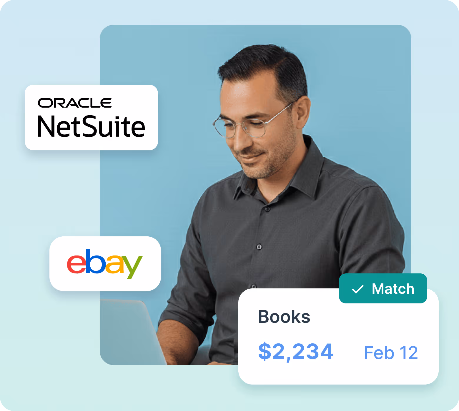 Smiling woman with curly hair wearing a blue shirt, surrounded by Stripe and Oracle NetSuite logos, and a card showing a $2,234 book transaction matched on June 15.