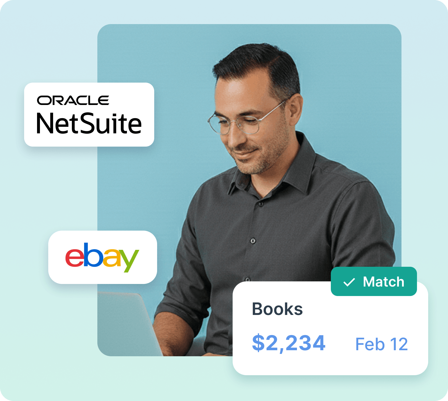 Smiling woman with curly hair wearing a blue shirt, surrounded by Stripe and Oracle NetSuite logos, and a card showing a $2,234 book transaction matched on June 15.