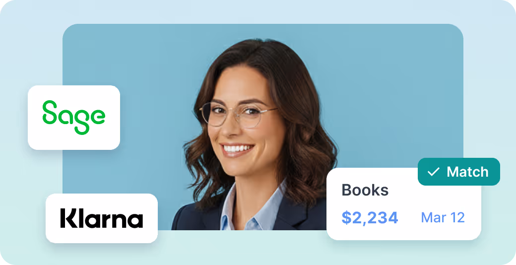 Smiling woman with curly hair wearing a blue shirt, surrounded by Stripe and Oracle NetSuite logos, and a card showing a $2,234 book transaction matched on June 15.