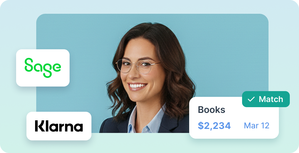 Smiling woman with curly hair wearing a blue shirt, surrounded by Stripe and Oracle NetSuite logos, and a card showing a $2,234 book transaction matched on June 15.