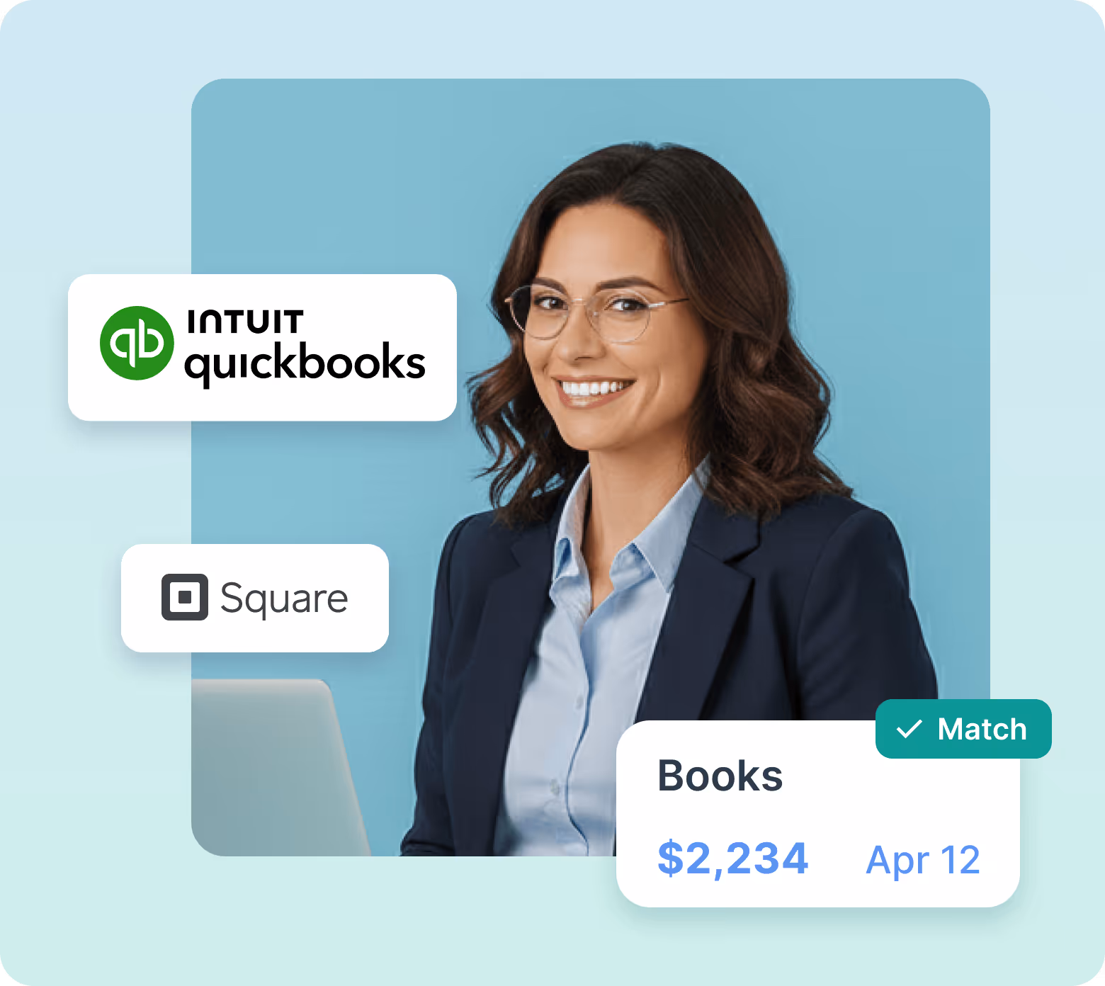 Smiling businesswoman with glasses sitting at a laptop, with Intuit QuickBooks and Square logos and a financial summary showing $2,234 dated Apr 12.