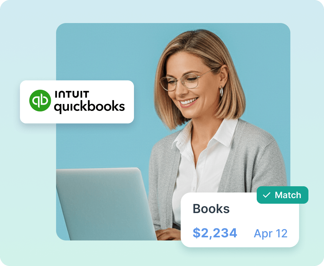 Smiling woman with glasses using a laptop beside Intuit QuickBooks logo and a $2,234 match notification.