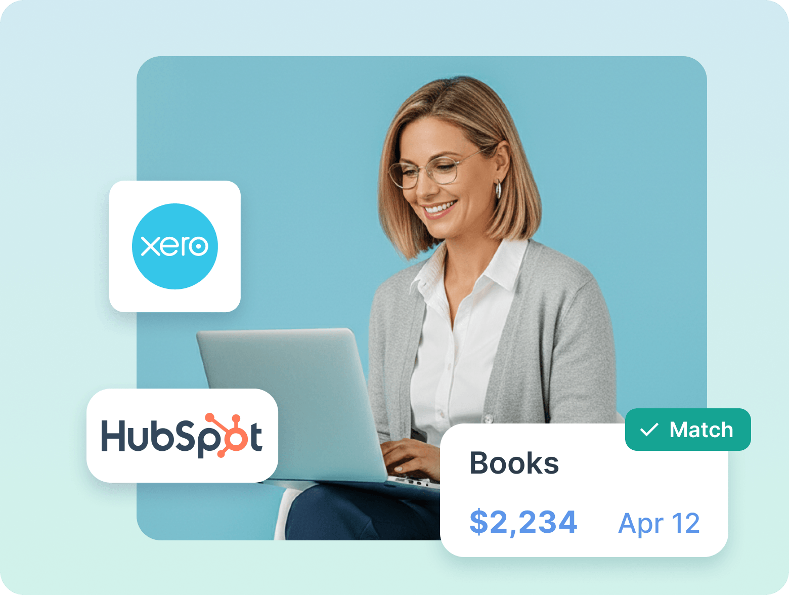 Smiling woman using laptop with Xero and HubSpot logos and a matched books invoice for $2,234 dated Apr 12.