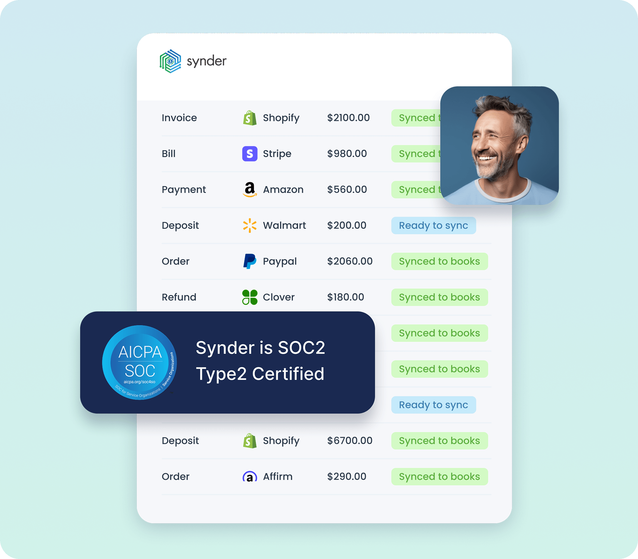 Synder app interface showing synced transactions with major platforms and SOC2 Type2 certification badge.
