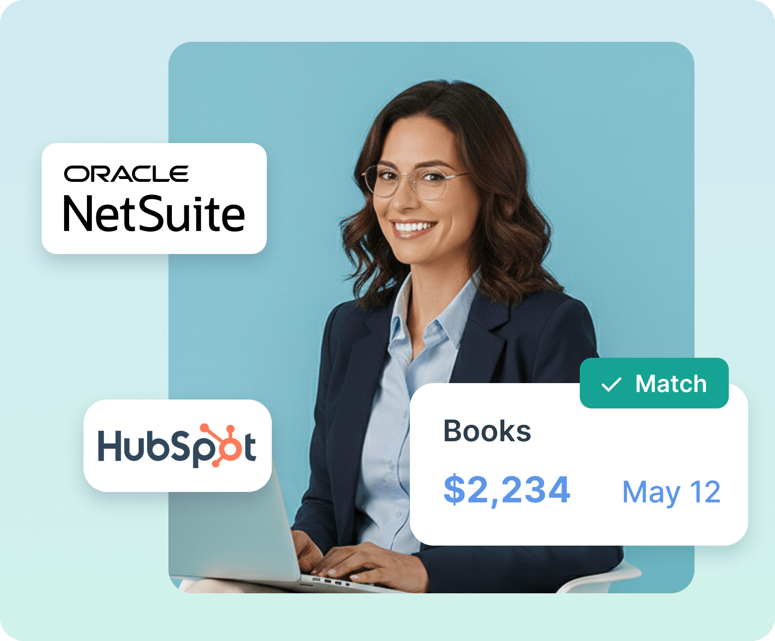 Smiling woman seated with laptop, alongside Oracle NetSuite, HubSpot logos and a payment match notification.