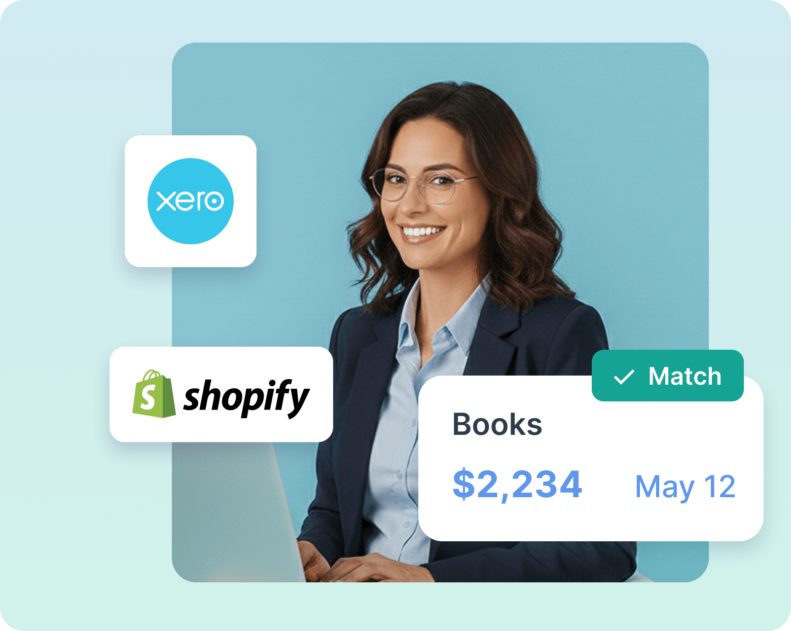 Smiling woman in a blue shirt surrounded by Shopify and Xero logos and a financial summary showing $2,234 for Books on Nov 15.