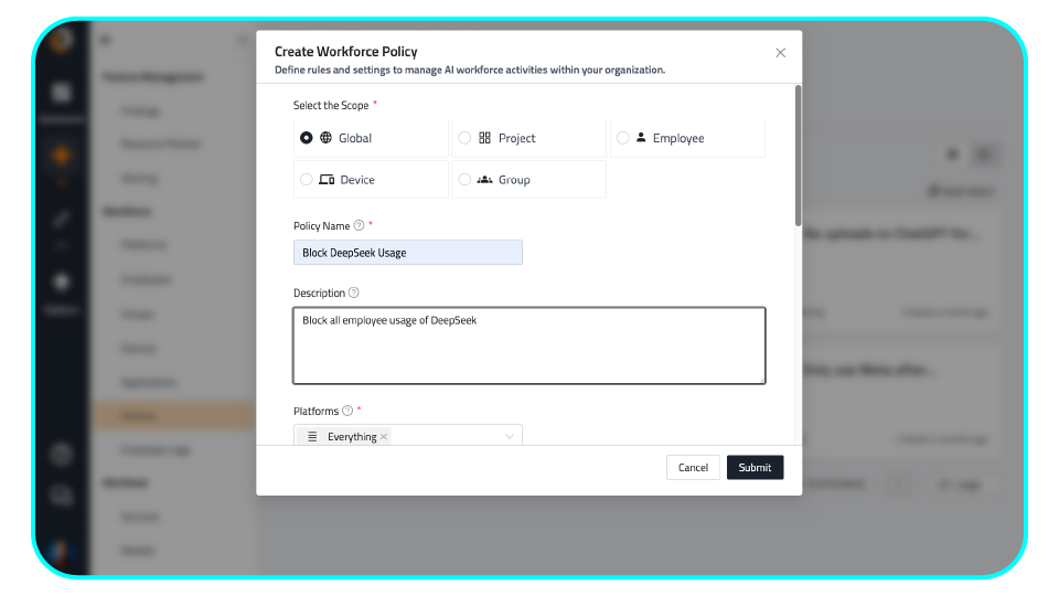 Shield with a swirl logo connected by dotted lines to three icons: a code symbol, file folders, and a target with a partial pie chart.
