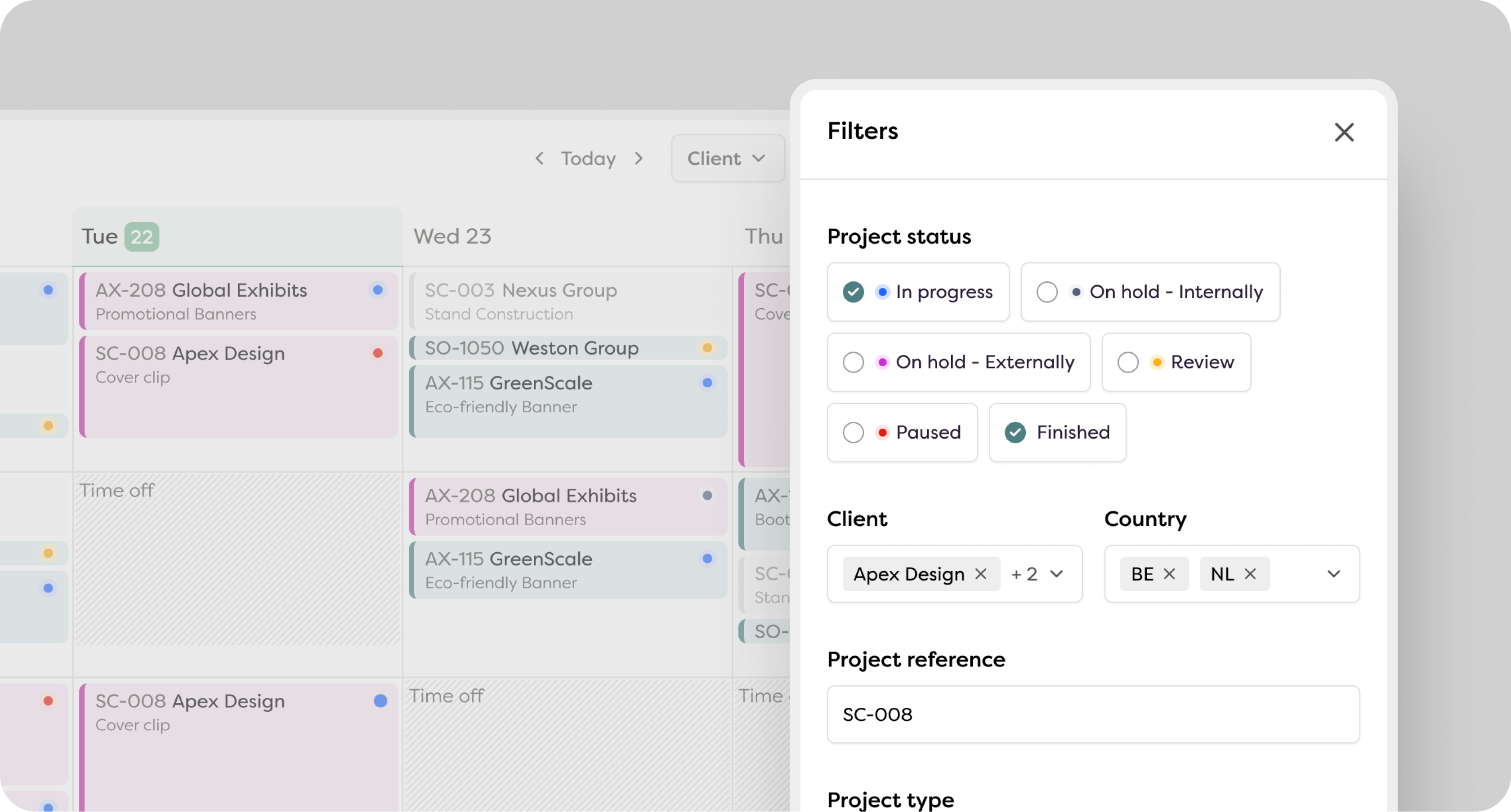 Project management interface showing a calendar with project tasks for different clients and a filters panel with project status, client, country, project reference, and project type options.