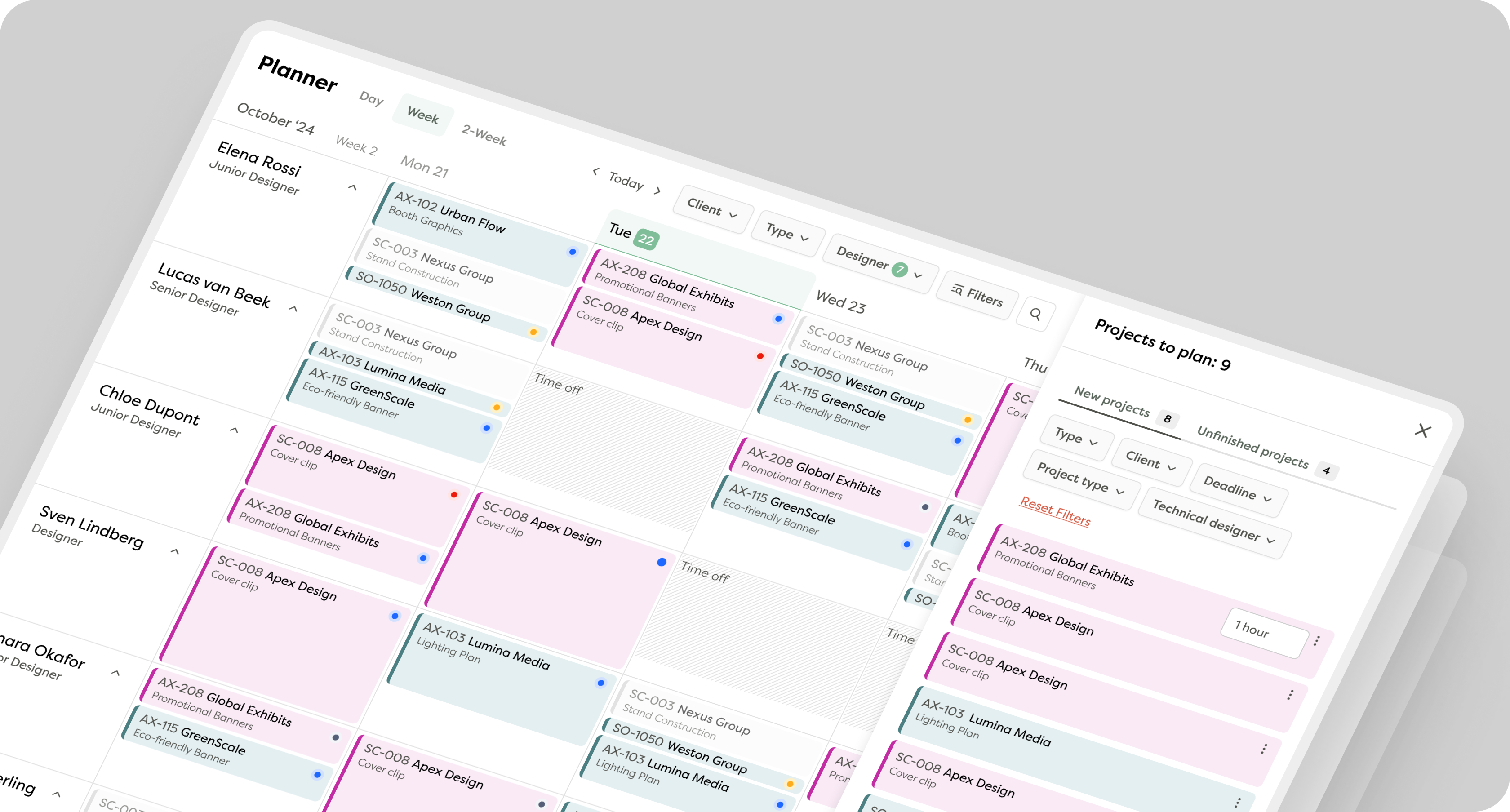 Digital weekly planner showing project assignments for designers with color-coded task blocks and filter options.