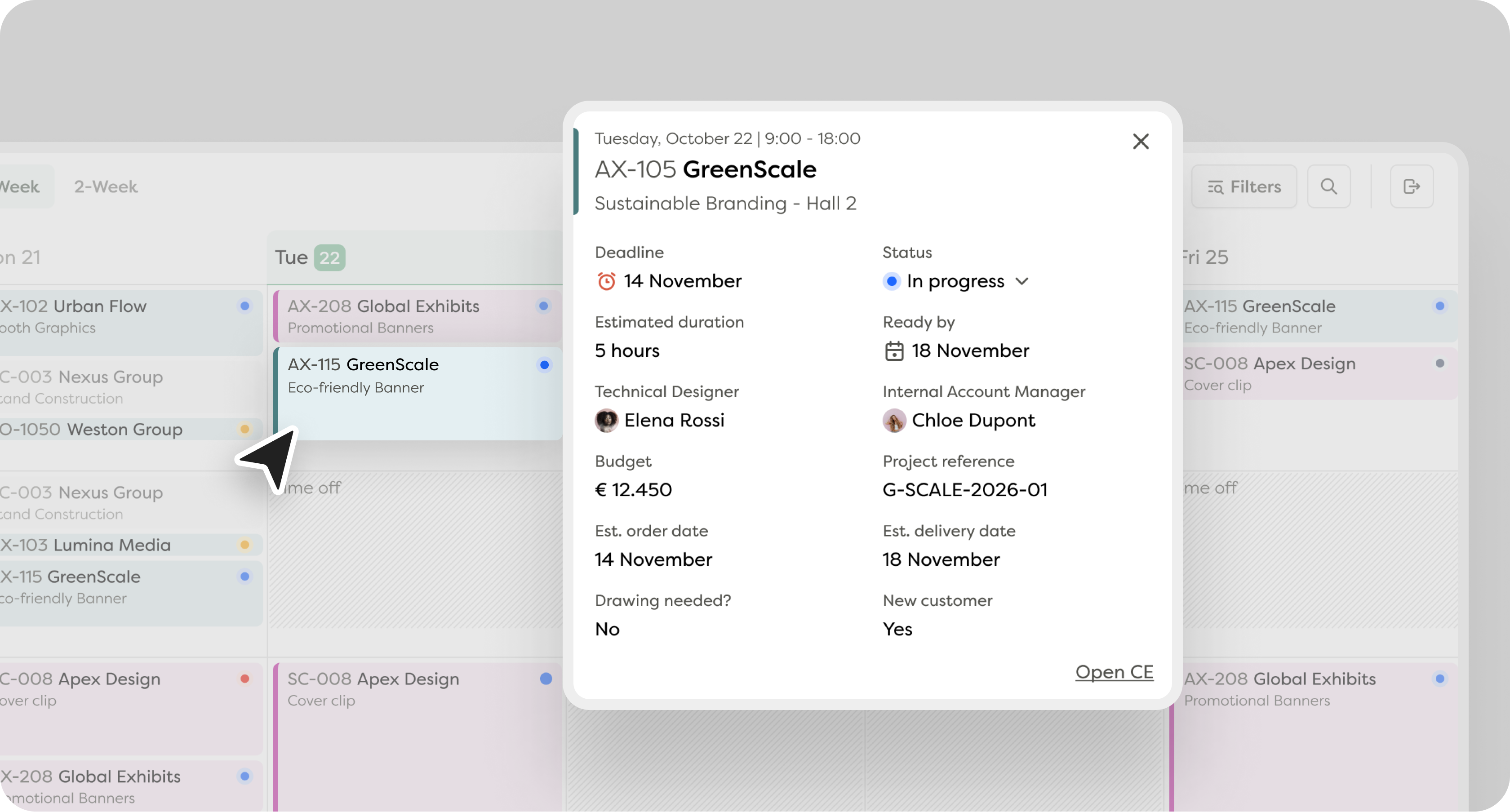 Project task window for AX-105 GreenScale displaying details including deadline, status, estimated duration, technical designer, account manager, budget, and key dates.