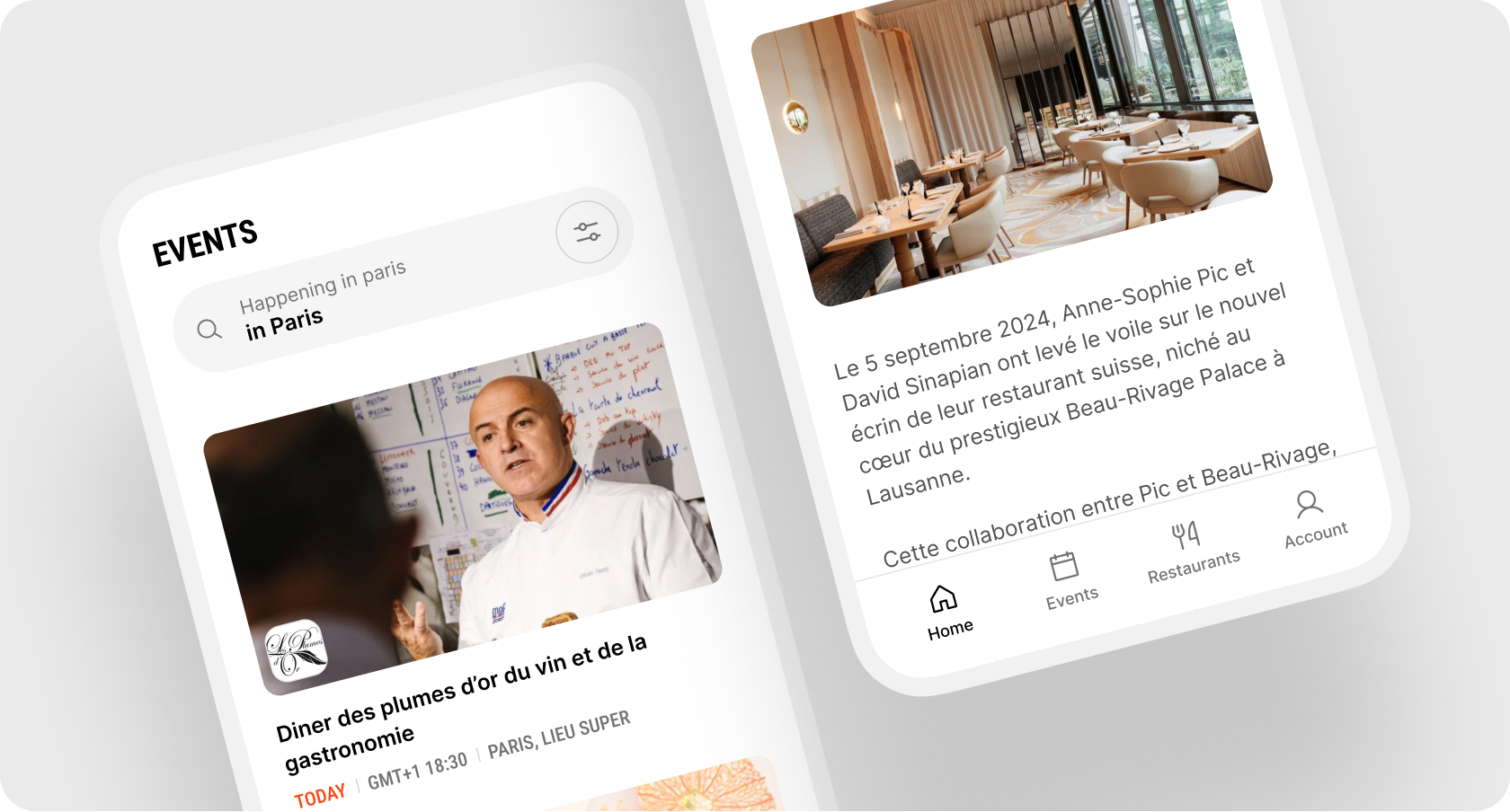 Smartphone screen showing a the app and the events seen in the app