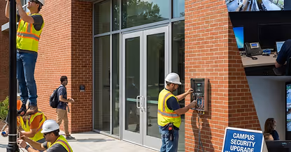 Security workers in hard hats and safety vests installing a campus security system next to a glass entrance.